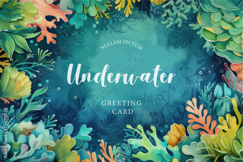 Underwater scene with coral reef, fish and seaweed. Vector watercolor illustration.