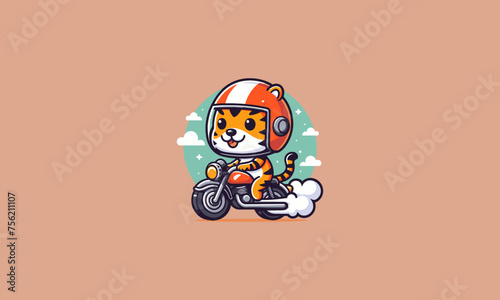 tiger cute wearing helmet riding motorcycle vector flat design