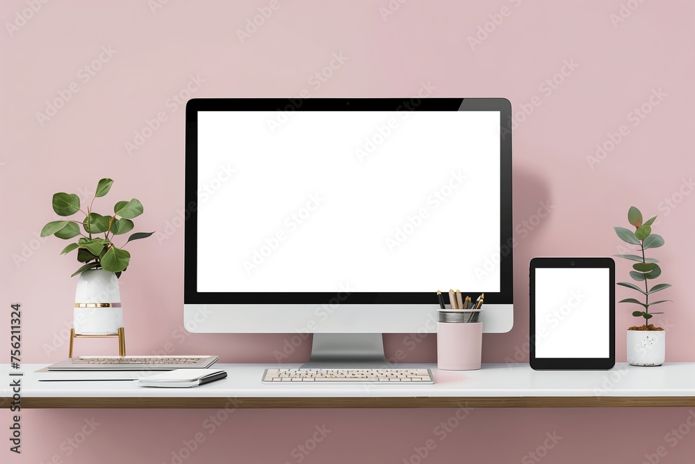 A computer desk with a white monitor, keyboard, and tablet A computer desk with a white monitor, keyboard, and tablet