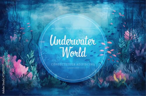 Underwater scene with coral reef, fish and seaweed. Vector watercolor illustration.