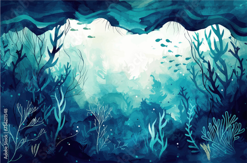 Underwater scene with coral reef, fish and seaweed. Vector watercolor illustration.