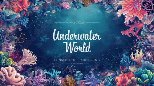 Underwater scene with coral reef, fish and seaweed. Vector watercolor illustration.