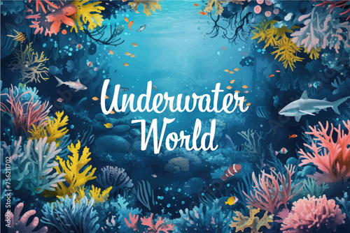 Underwater scene with coral reef, fish and seaweed. Vector watercolor illustration.