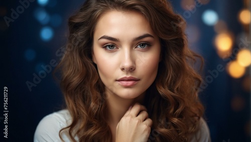 Portrait of a fashionable woman touching her brown wavy hair with bokeh lights providing an enchanting backdrop