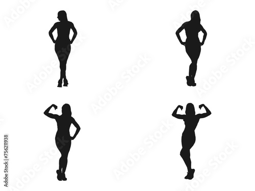 Girl is standing, legs are wide apart, her hands are moving down, up, aside. women sports. Athletic girl standing in yoga position. silhouettes icon can be used for web and mobile. 