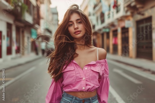 A woman in a pink shirt and blue jeans stands on a city street
