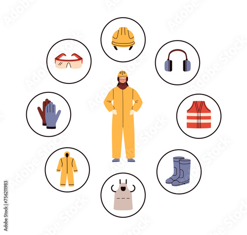 Protective safety outfit. Work uniform, protecting equipment. Worker wearing security helmet, protection eye glasses, vest, apron, gloves. Flat graphic vector illustration isolated on white background