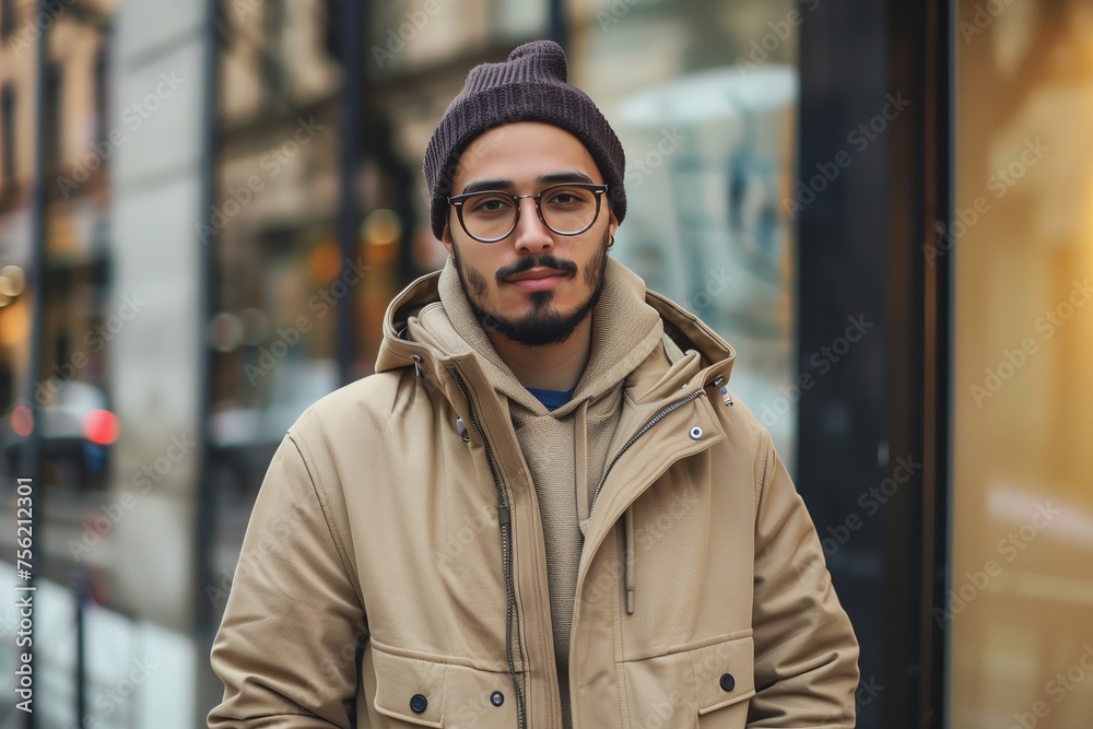 Naklejka premium A man wearing a brown jacket and a hat stands in front of a window