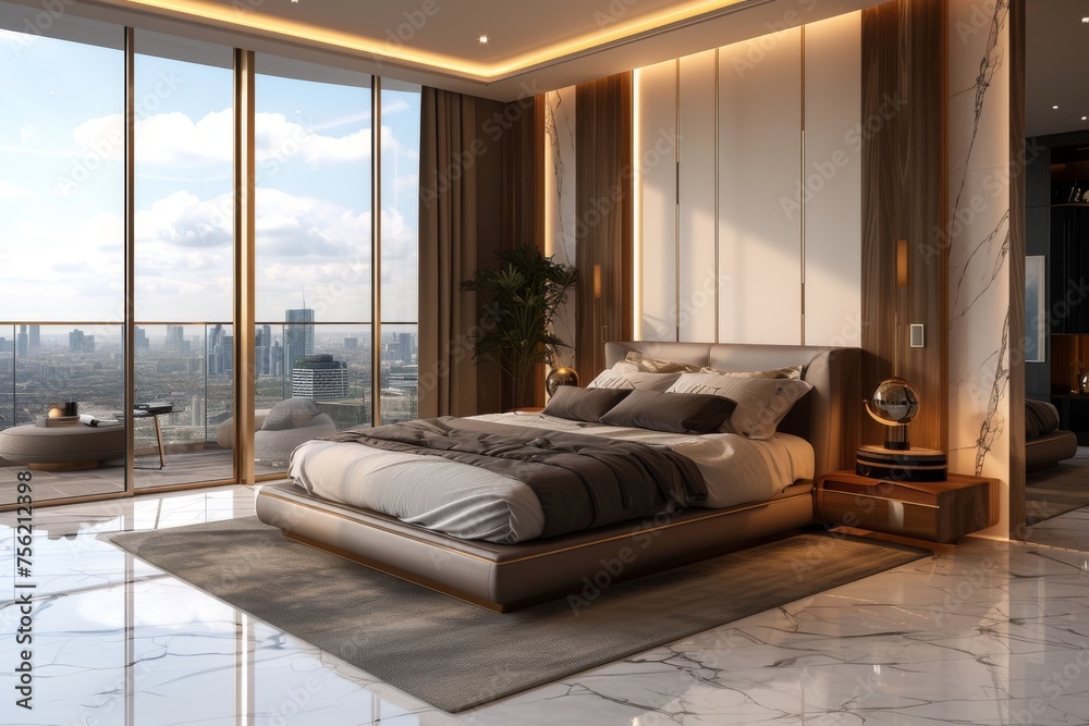 A modern portrayal of a luxury bedroom suite, complete with marble flooring