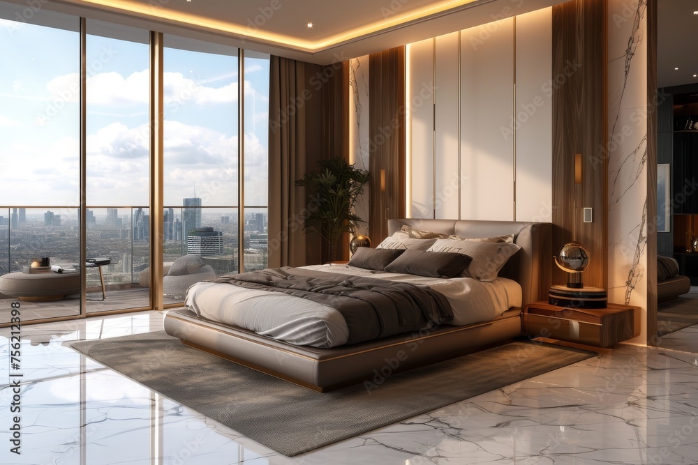 A modern portrayal of a luxury bedroom suite, complete with marble flooring A modern portrayal of a luxury bedroom suite, complete with marble flooring