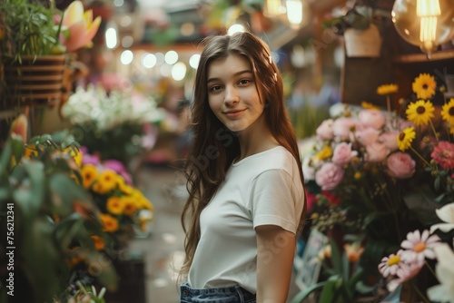 A woman is standing in a flower shop, smiling at the camera