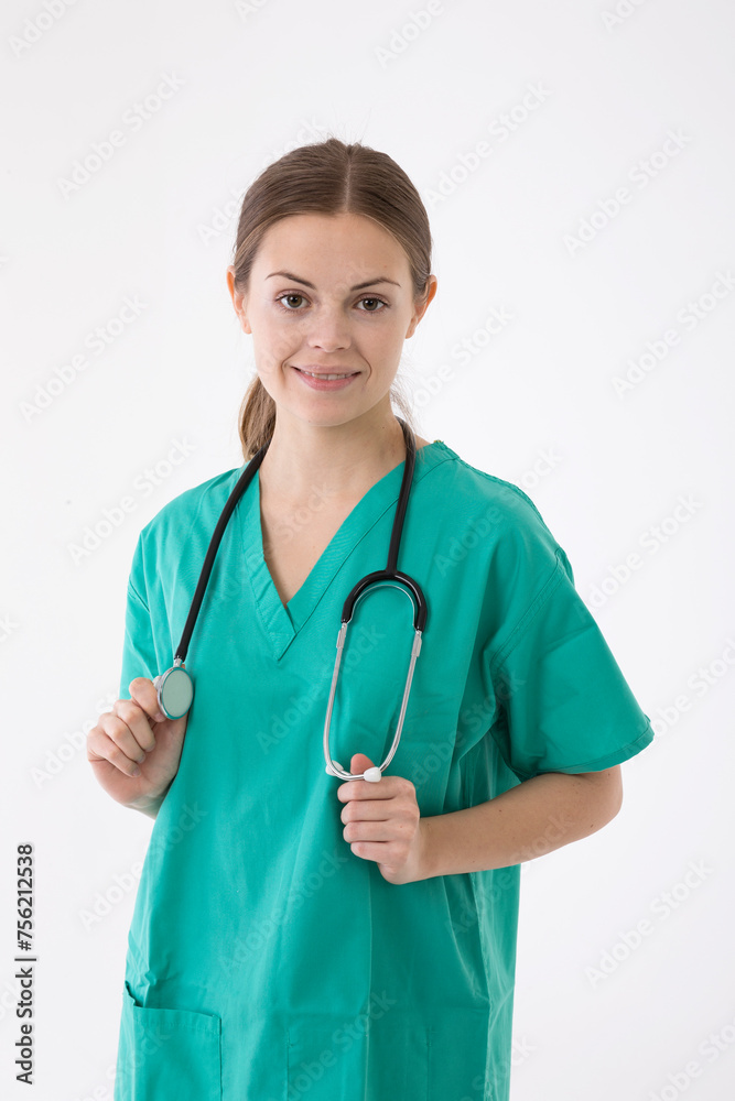 Portrait of healthcare worker wearing uniform and stethoscope. Portrait of healthcare worker wearing uniform and stethoscope.