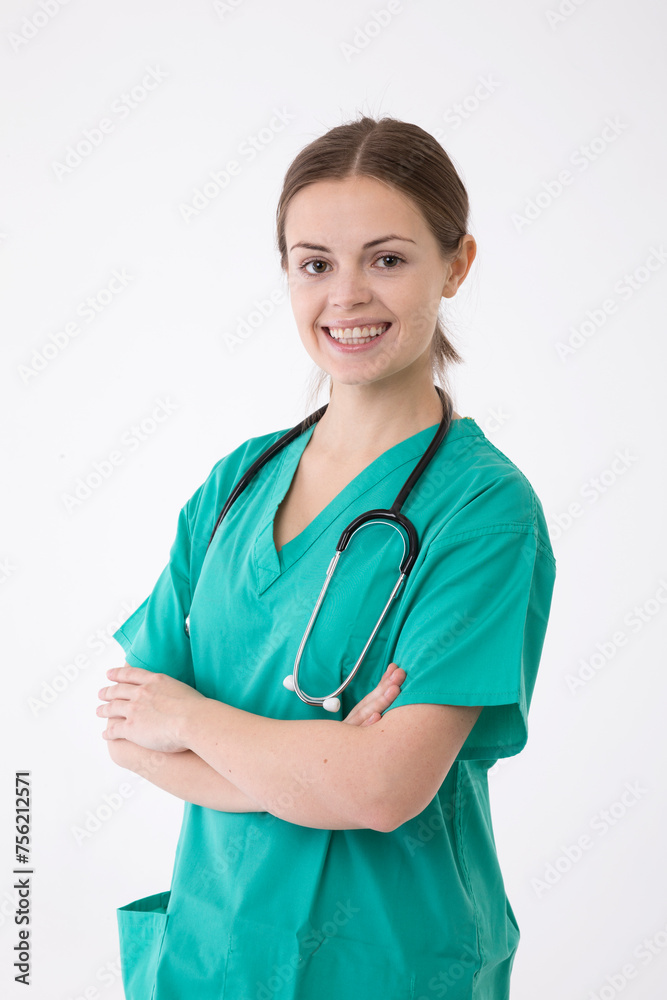 Portrait of healthcare worker wearing uniform and stethoscope. Portrait of healthcare worker wearing uniform and stethoscope.