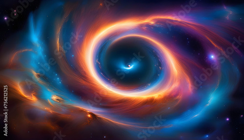 A digital painting of a black hole merging with a nebula in deep space, with vibrant blue and purple hues swirling around