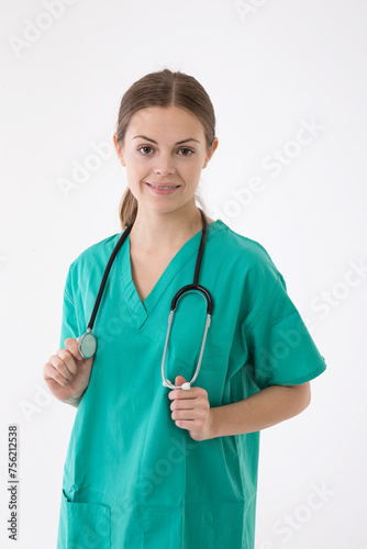 Portrait of healthcare worker wearing uniform and stethoscope. © Image Smith