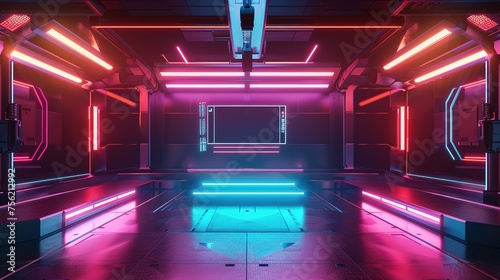 abstract backgound video game of esports scifi gaming cyberpunk, vr virtual reality simulation and metaverse, scene stand pedestal stage, 3d illustration rendering, futuristic neon glow room © curek