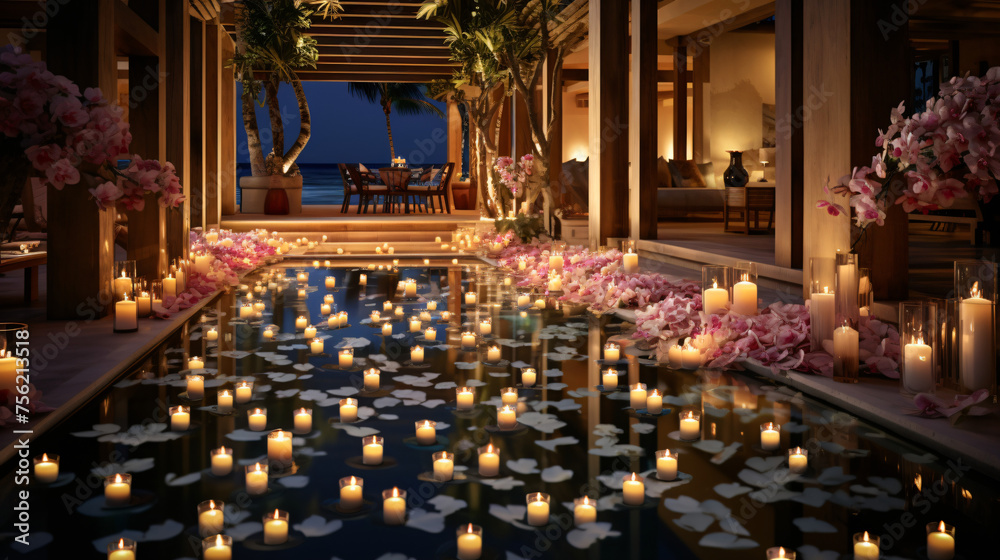 Flowers and candles at the pool of a luxury resort