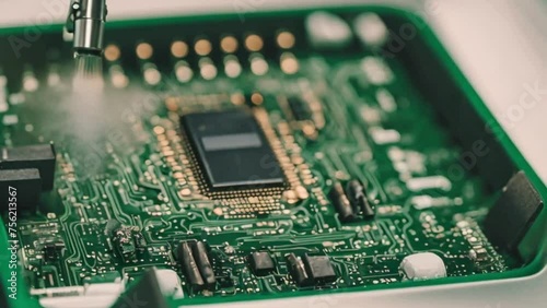  A detailed shot of a circuit board being washed in a cleaning solution.