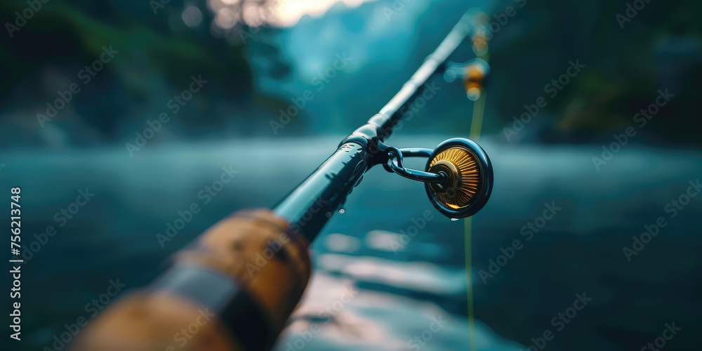 Serene Fishing Experience. Close-up Fishing rod angled over calm water, ready for the catch, copy space. Fishing accessories and products.