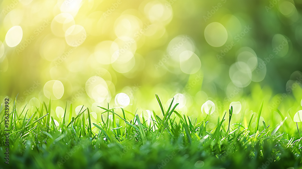 Juicy spring green grass in the sunlight close-up