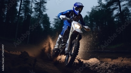 Motorcycle racer. Off-Road Race bike in action at night in forest