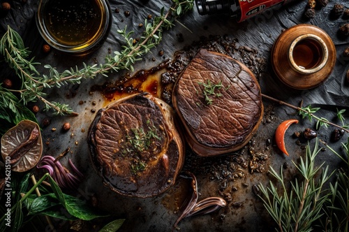 Grilled beef steaks with herbs and spices on a black background