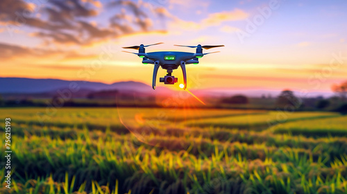 Portrait of agricultural drone flying over rice field while watering. Irrigation tool equipment in agricultural field. Modern technology solutions for farmer to increase productivity. Generative AI © Ibnu