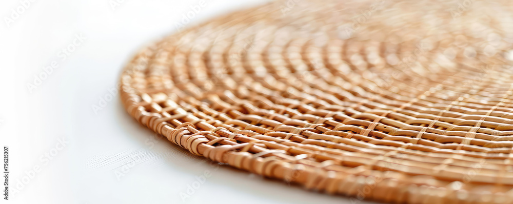 Woven Rattan Placemat on Rustic Table with copy space. Close-up of a handcrafted rattan placemat for hot food and beverage. Woven Rattan Placemat on Rustic Table with copy space. Close-up of a handcrafted rattan placemat for hot food and beverage.