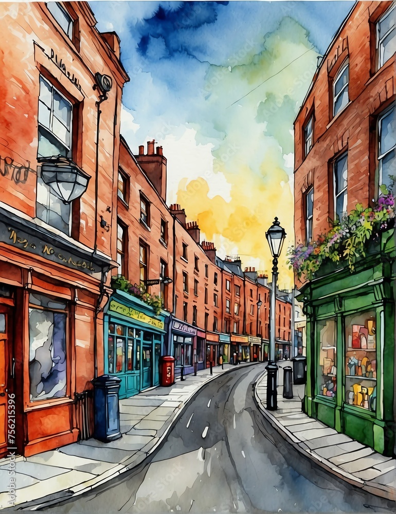 Fototapeta premium Streets of Dublin Ireland, hand drawn watercolor painting art illustration background from Generative AI