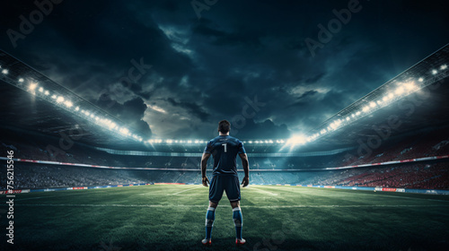 Football player stands on modern football pitch stadium