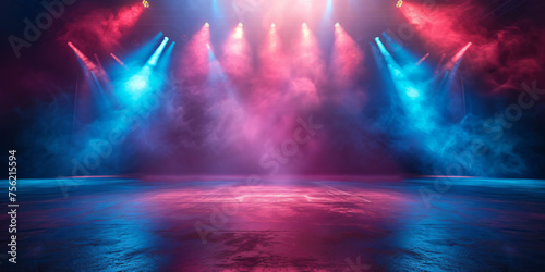 empty stage room with smoke and neon lights spotlight