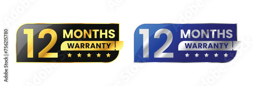12 Months warranty label, badge, icon, logo. Parallelogram rhombus shape with gold and silver color. Vector Illustration