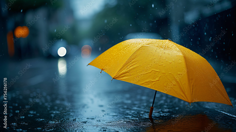 Yellow umbrella in the rain