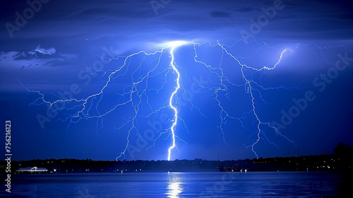 A dramatic thunderstorm unfolds over the ocean as lightning strikes illuminate the tumultuous sky and sea.