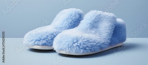 A fashion accessory in electric blue, these light blue slippers made of natural material sit on a table. The macro photography captures details like fur and nails on the foot or paw shaped design photo
