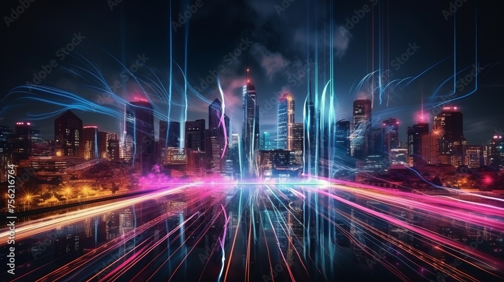 Obraz premium Night city streets with abstract neon lights drawing photography, artistic, dramatic, flair.