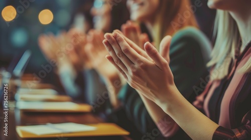 Close-up of a row of people clapping their hands in appreciation at an indoor seminar or conference event with soft focus background. © Nuth
