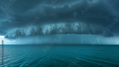 An imposing shelf cloud looms over the ocean, a stunning display of nature's power with lightning forking through the darkened sky..
