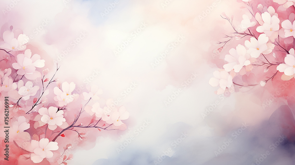 Blooming branches of trees in spring on a soft pink background, greeting card in watercolor style Blooming branches of trees in spring on a soft pink background, greeting card in watercolor style