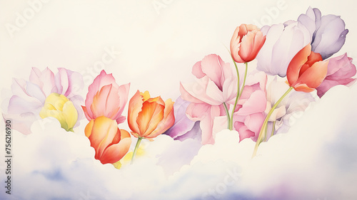 Spring flowers tulips in white clouds  watercolor greeting card background