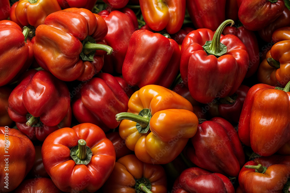 Red bell peppers on counter in supermarket. Large number of red peppers in pile. Generative AI Red bell peppers on counter in supermarket. Large number of red peppers in pile. Generative AI