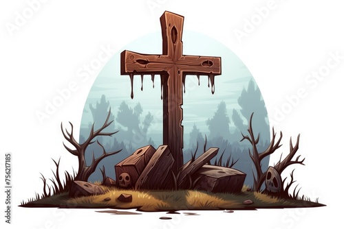 Mystery Halloween tombstone, spooky cemetery grave with cross, cartoon illustration on white