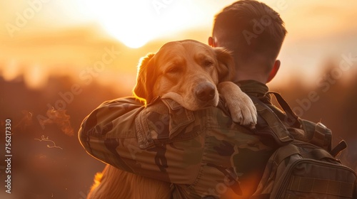 A heartfelt moment as a smiling soldier in camouflage embraces his loyal dog, surrounded by golden autumn light.
