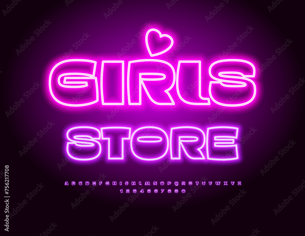 Vector Glamour Banner Girls Shop. Stylish Glowing Font. Pink Neon Alphabet Letters and Numbers set.