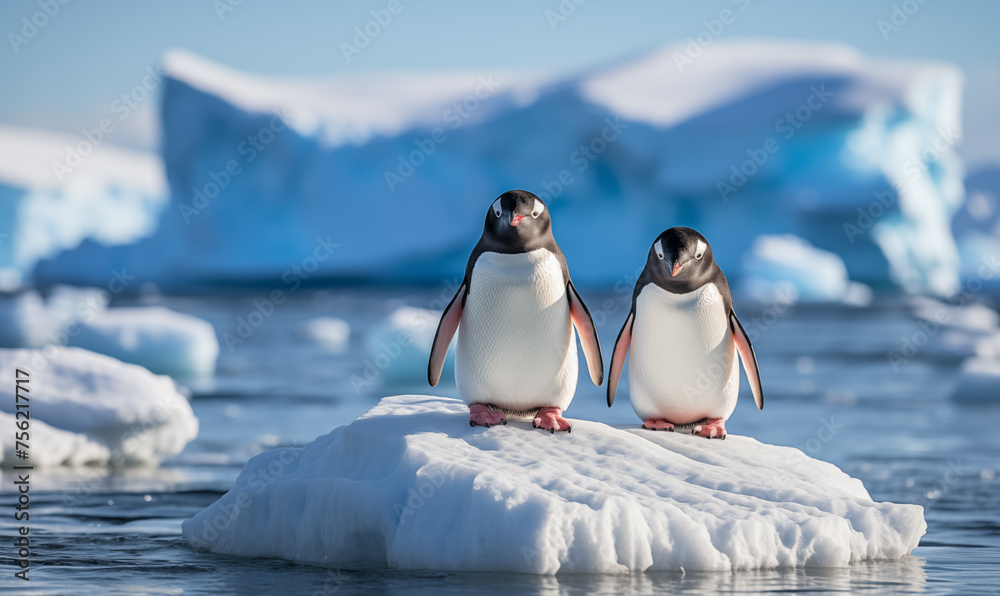 Fototapeta premium Two penguins stands on top of iceberg or ice floe in Antarctica