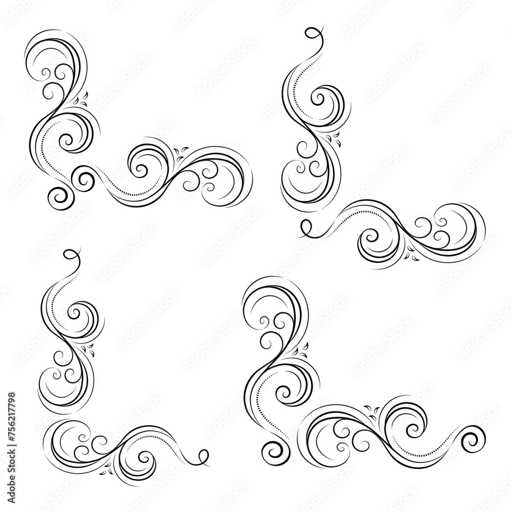 Decorative corner ornament made of wavy lines and curls, vector collection of design elements. Decorative corner ornament made of wavy lines and curls, vector collection of design elements.