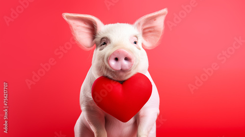 Cute pink pig in love with heart, postcard for Valentines day on кув background