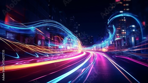 Night city streets with abstract neon lights drawing photography, artistic, dramatic, flair.