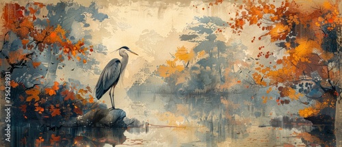 Tranquil Scene. Blue Heron by a Colorful Pond in Traditional Japanese Setting
