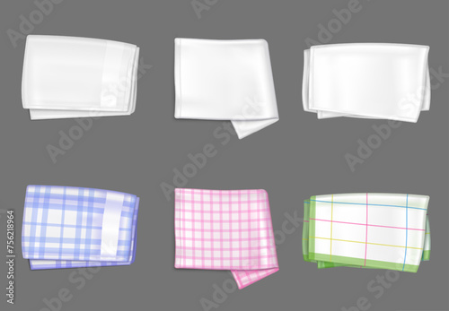 White and color napkin set isolated on gray background. Vector realistic illustration of folded bleached kitchen tablecloth after laundry, blue, pink, green color checkered picnic towels, home textile